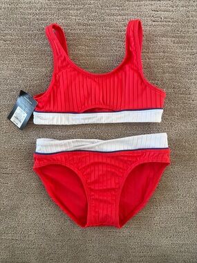 NWT Cat & Jack Red Ribbed Two-Piece Bikini with White/Navy Trim Sz 10/12